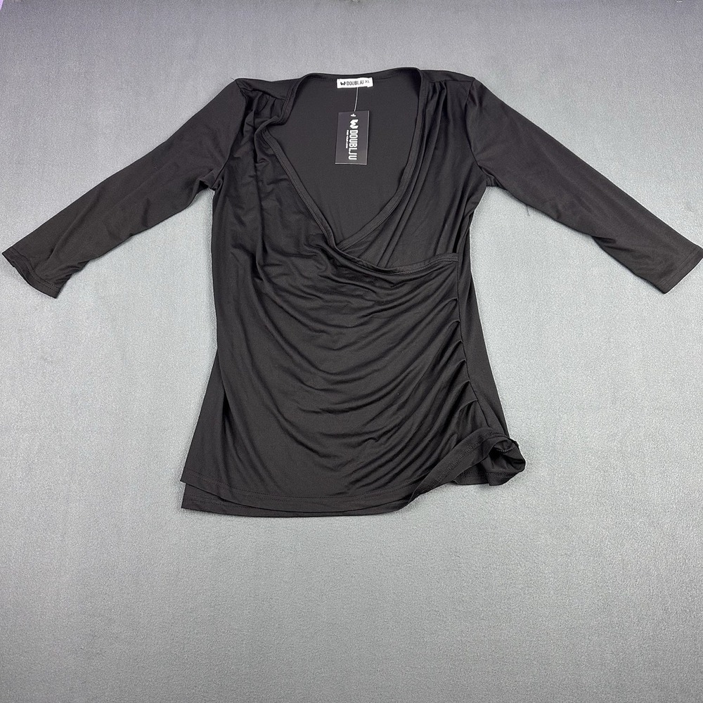 Doublju Womens XL Black Faux Wrap Top 3/4 Sleeve Ruched Stretch NWT